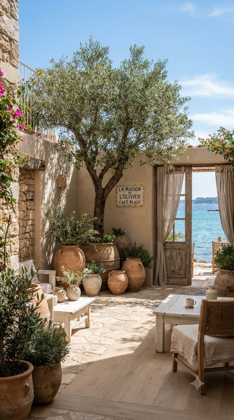 石牆庭院與老橄欖樹，陶盆高低錯落，門外是海